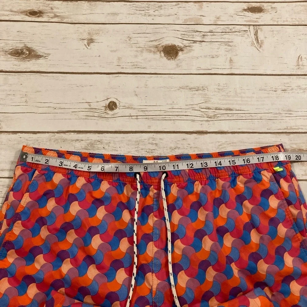 Psycho Bunny Orange Red Blue Geometric Swim Trunks